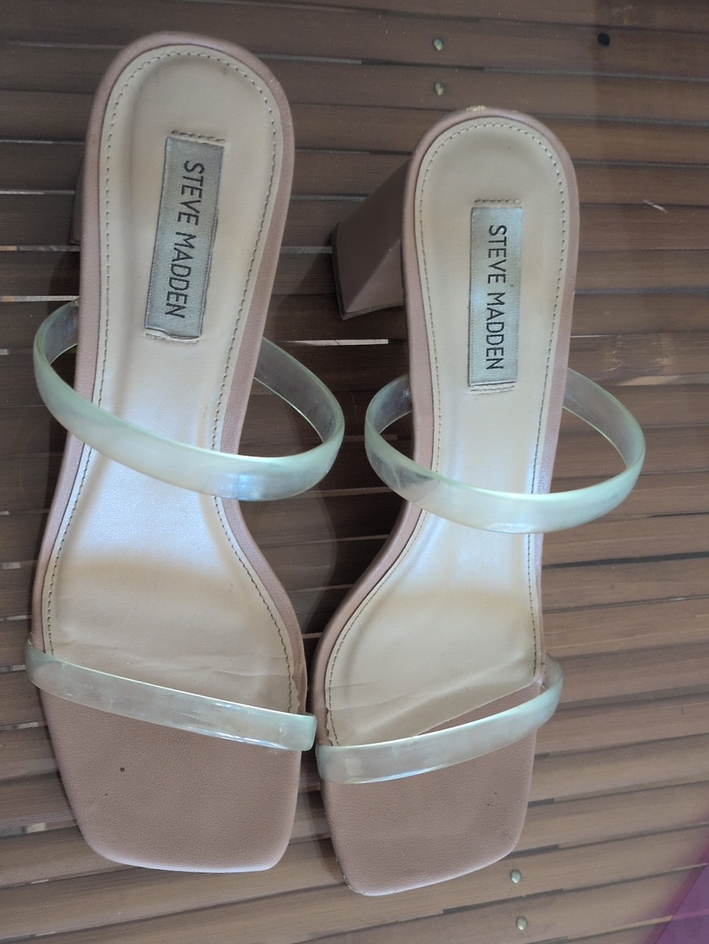 Steve Madden Blush Tan Block Heel Sandals with Clear Straps